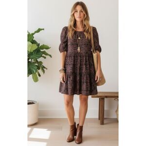 Matta‎ Block Print Ikat Maroon Black Puff Balloon Sleeve Cotton Viole Size Large